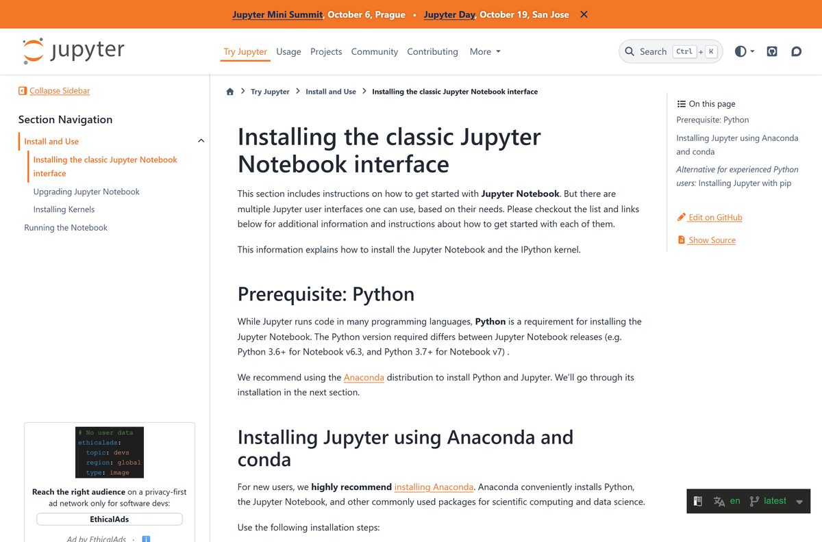 Project documentation page recommending Anaconda for new users
