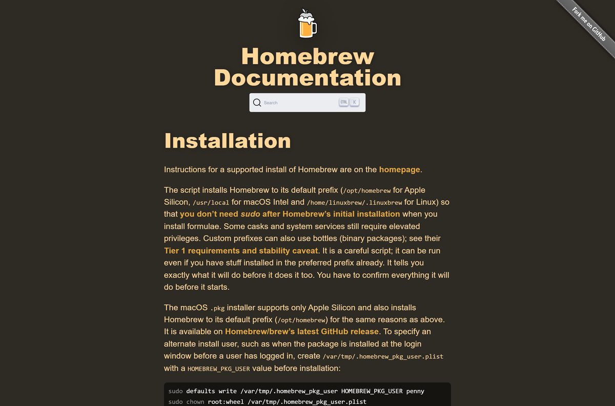 Homebrew installation guide listing macOS requirements