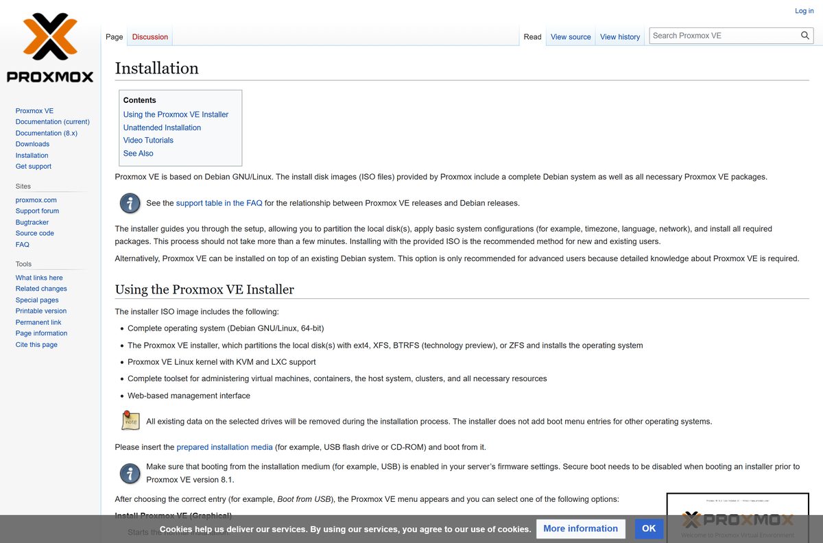 Proxmox VE installation guide showing the installer boot menu options