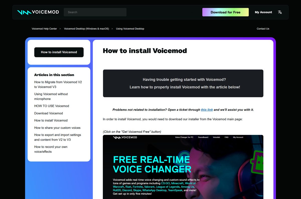 Help center article with Voicemod installation steps