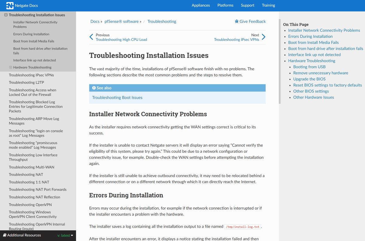 pfSense CE installation troubleshooting page covering boot and network failures