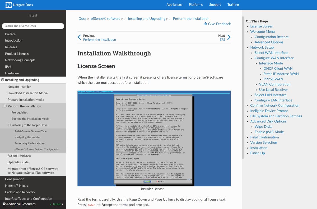 pfSense CE installation walkthrough showing the installer menu screens