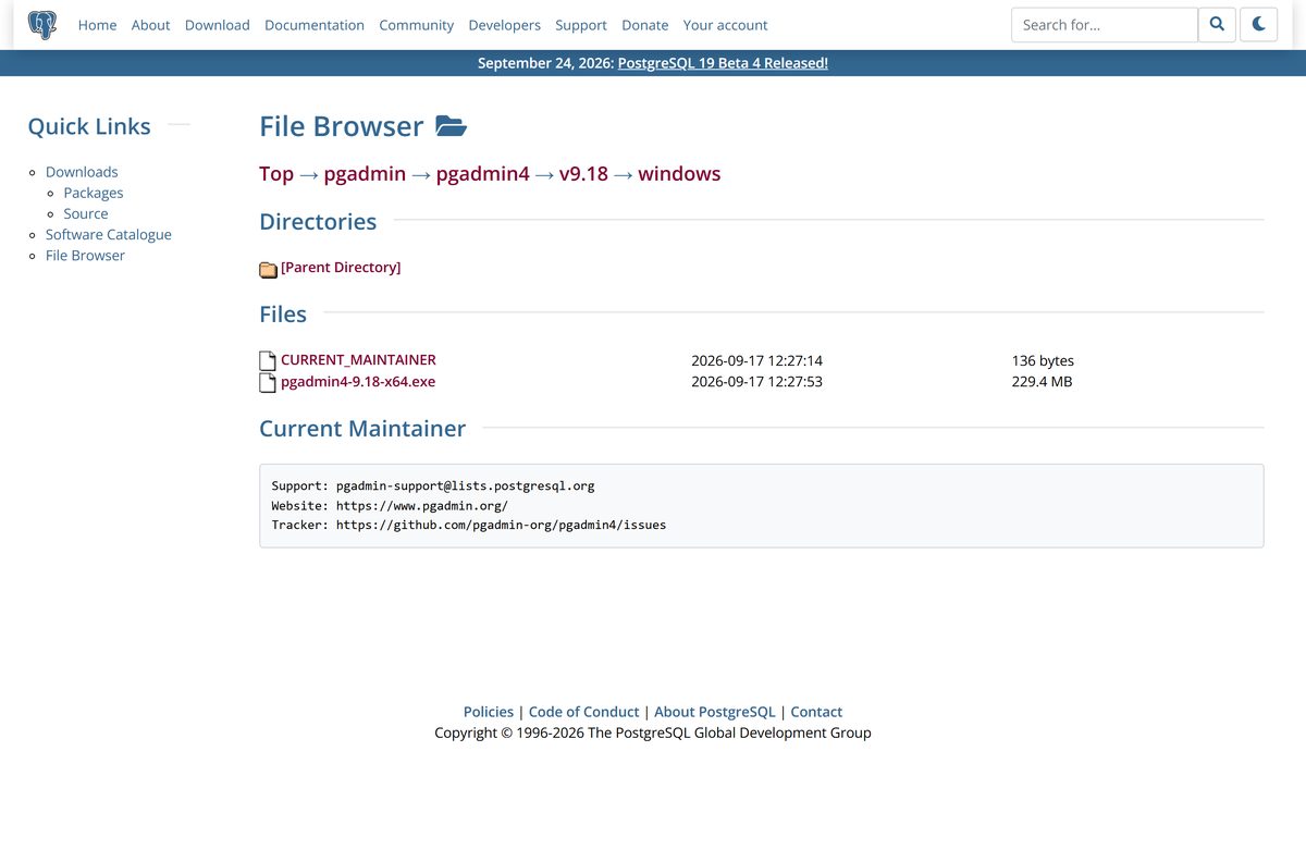 PostgreSQL file browser holding the pgAdmin 4 Windows installer