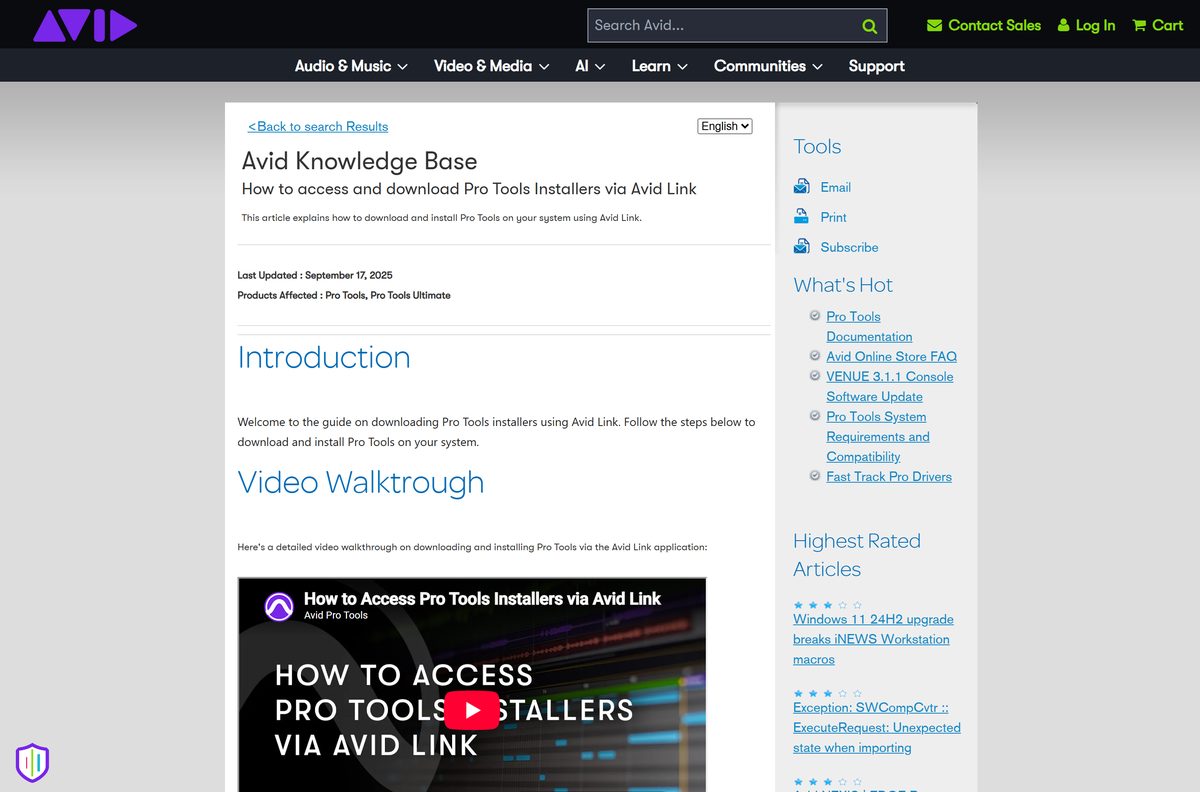 Avid support article explaining how to download installers from the Products tab