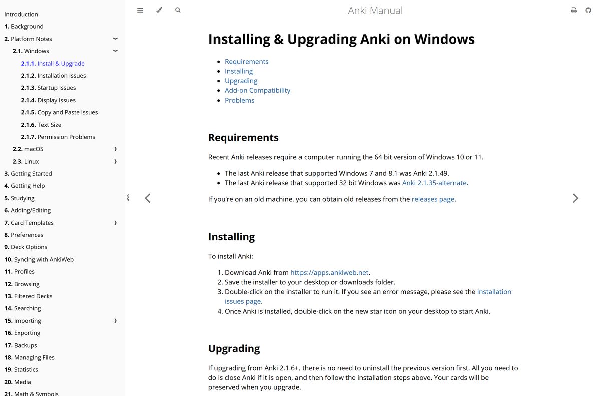 Anki manual page with Windows requirements and install steps