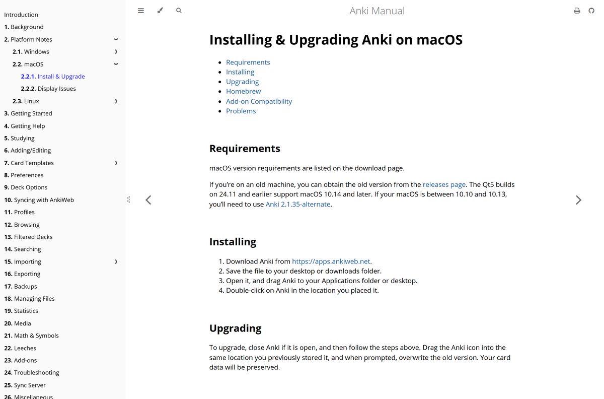 Anki manual page covering macOS installation and Homebrew