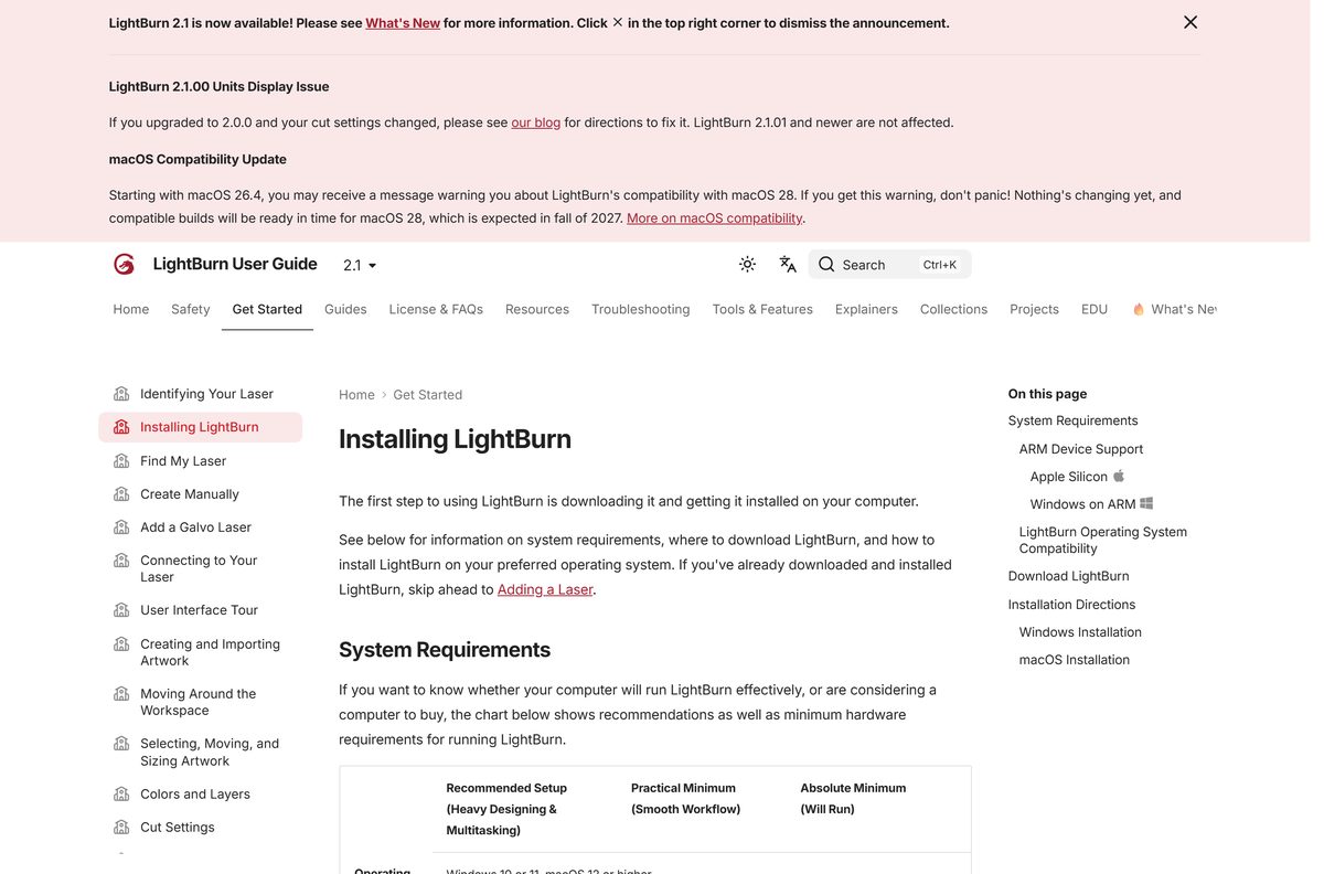 LightBurn install guide with system requirements and OS support