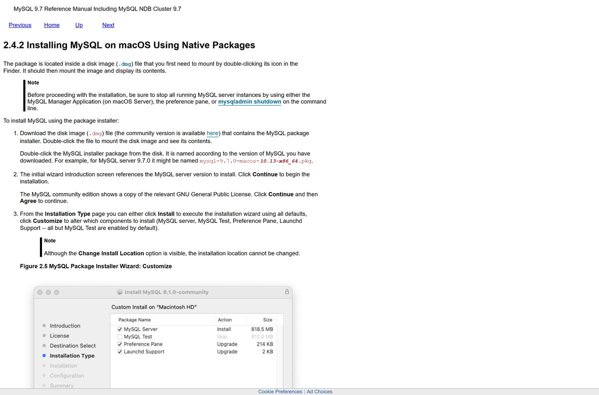 Oracle steps for installing MySQL from the macOS package