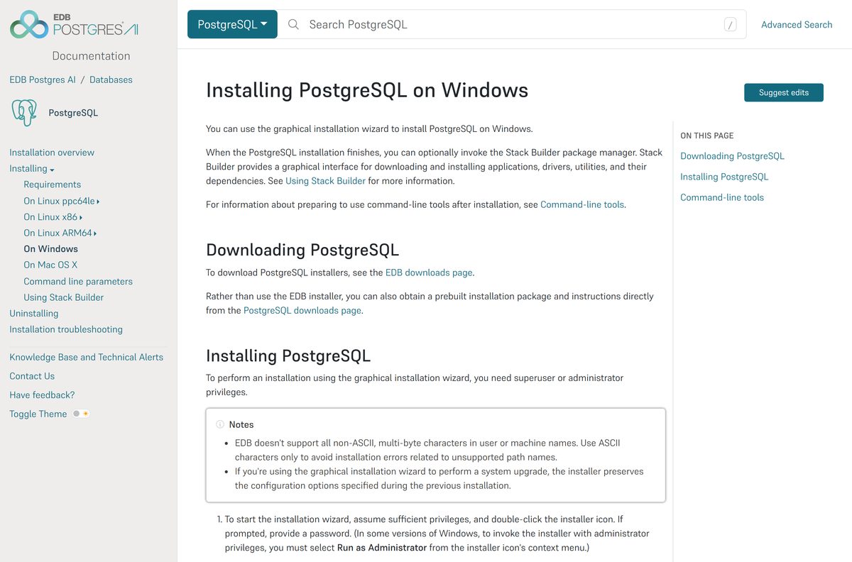 EDB guide showing the PostgreSQL setup wizard screens on Windows