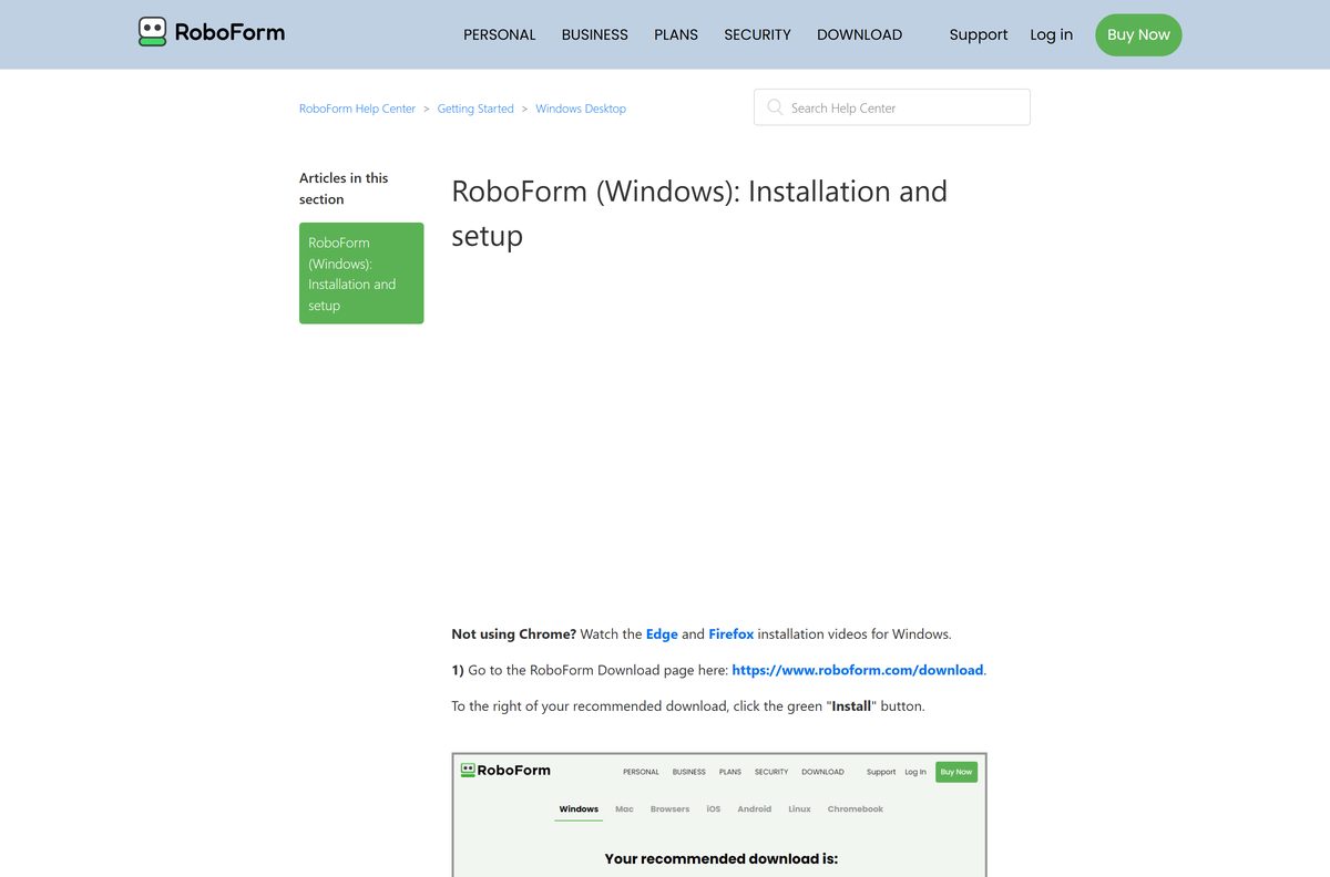 Official RoboForm help article on installing the Windows app