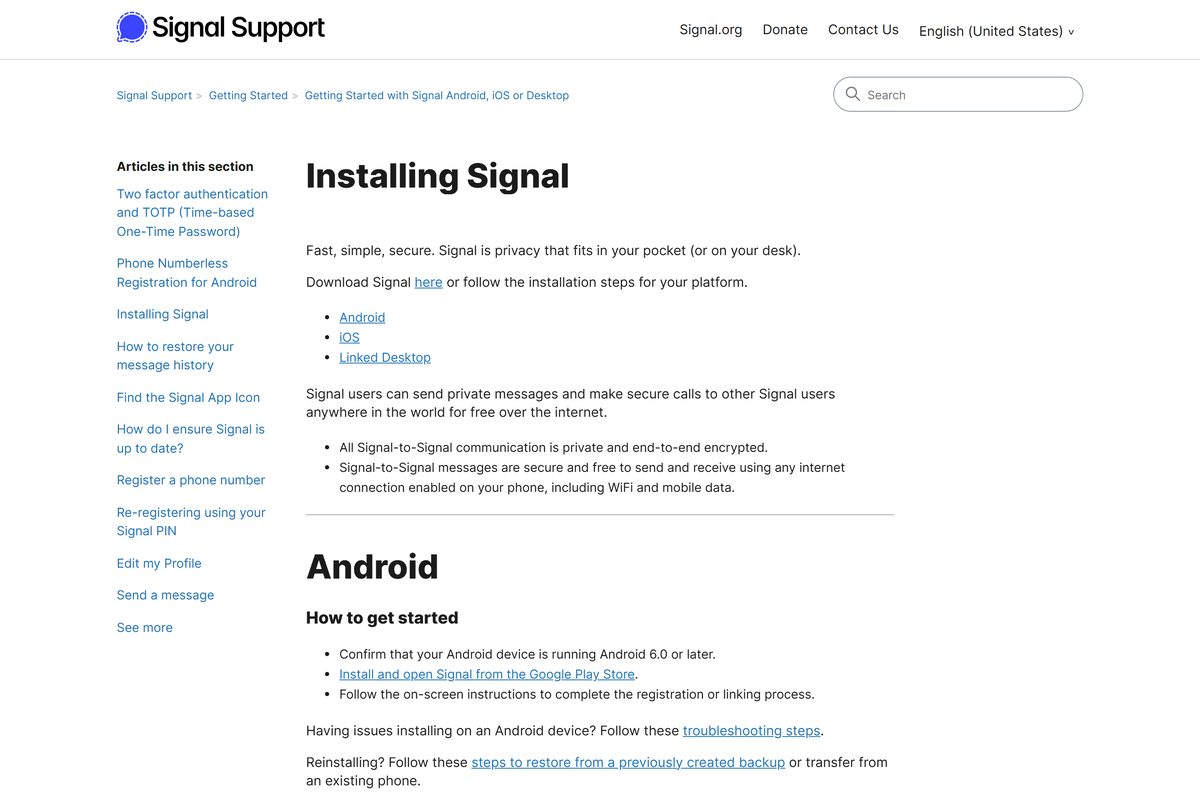 Signal installation guide listing desktop system requirements