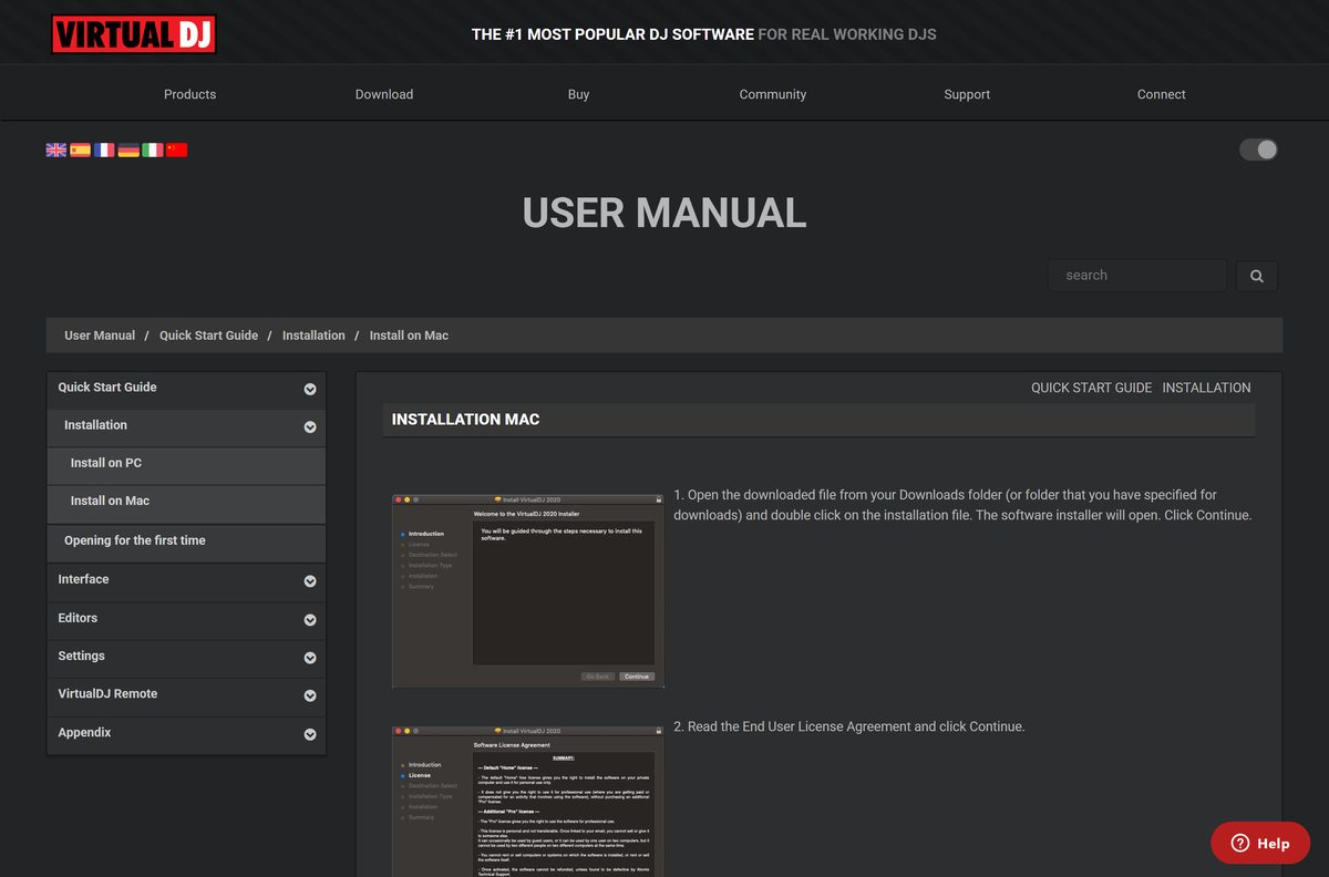 VirtualDJ manual page showing the Mac installer steps