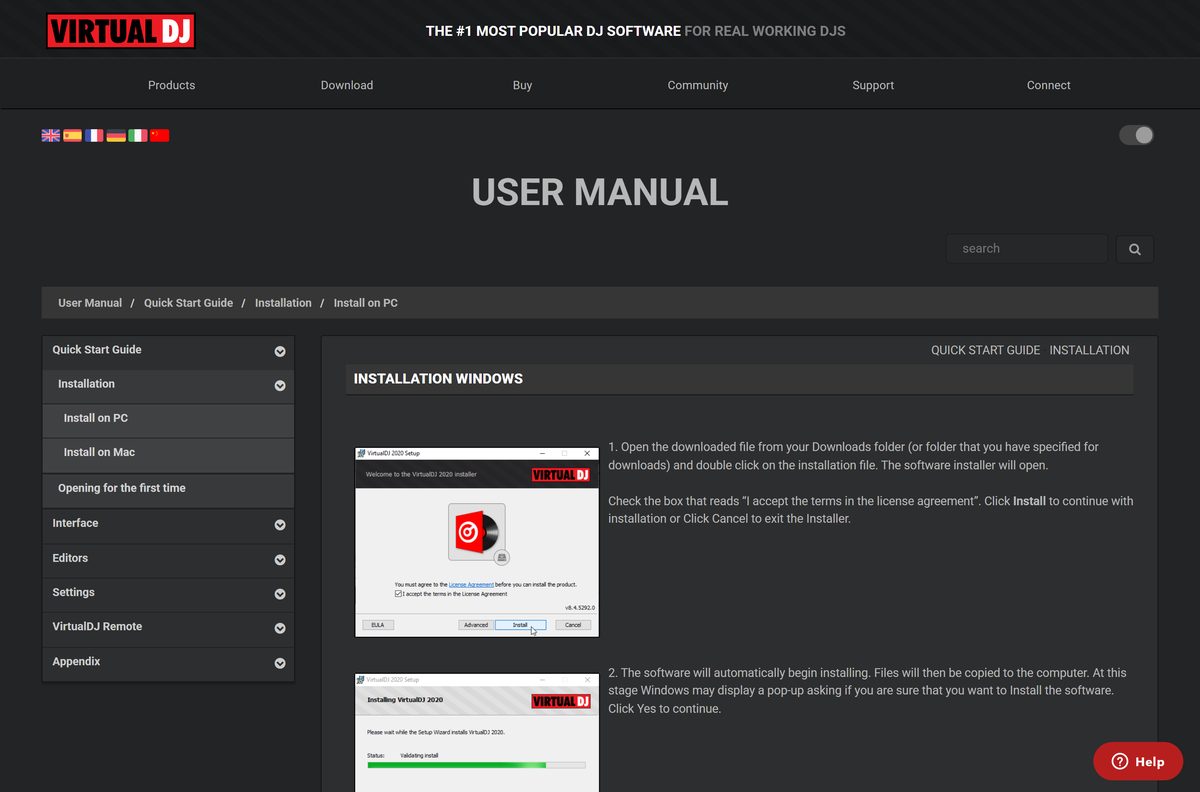VirtualDJ manual page showing the Windows installation steps