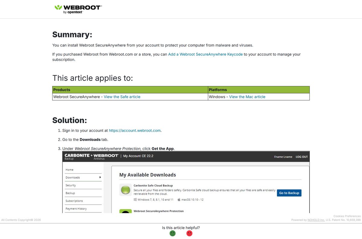 Webroot support article with the Windows installation steps
