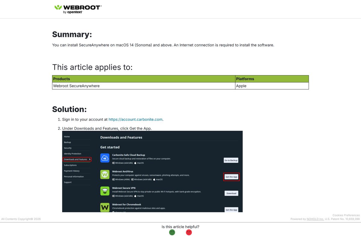 Webroot support article explaining the Mac installer and activation
