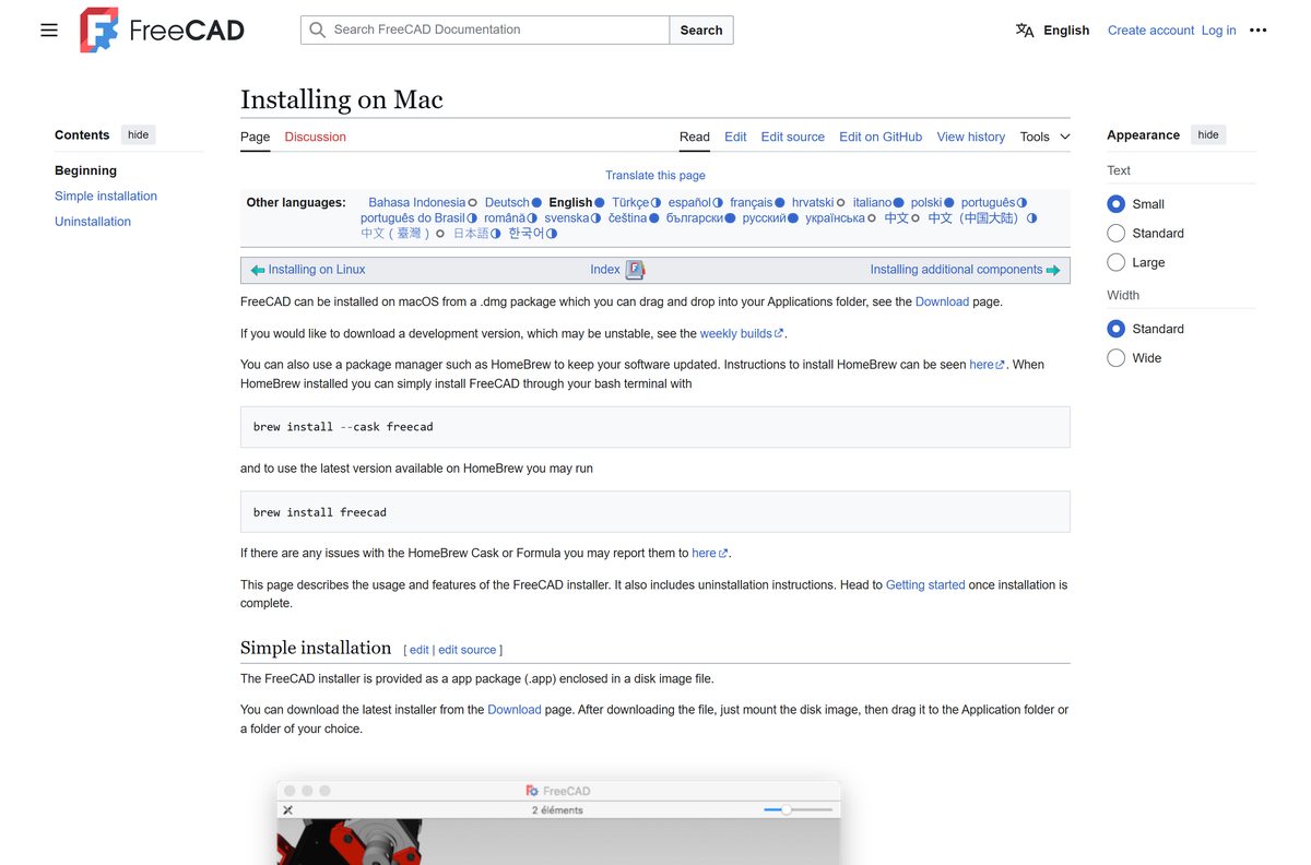 FreeCAD wiki page with macOS install and removal steps