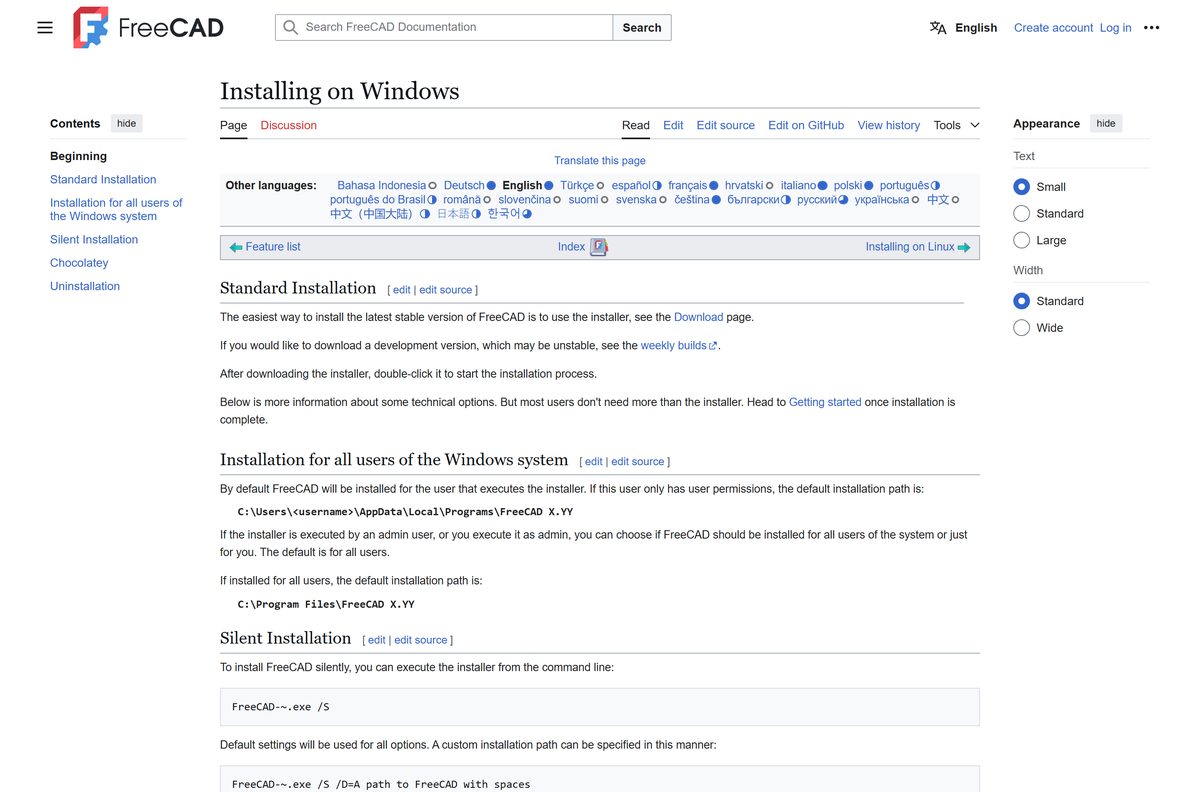 FreeCAD wiki page covering Windows installation and silent switches