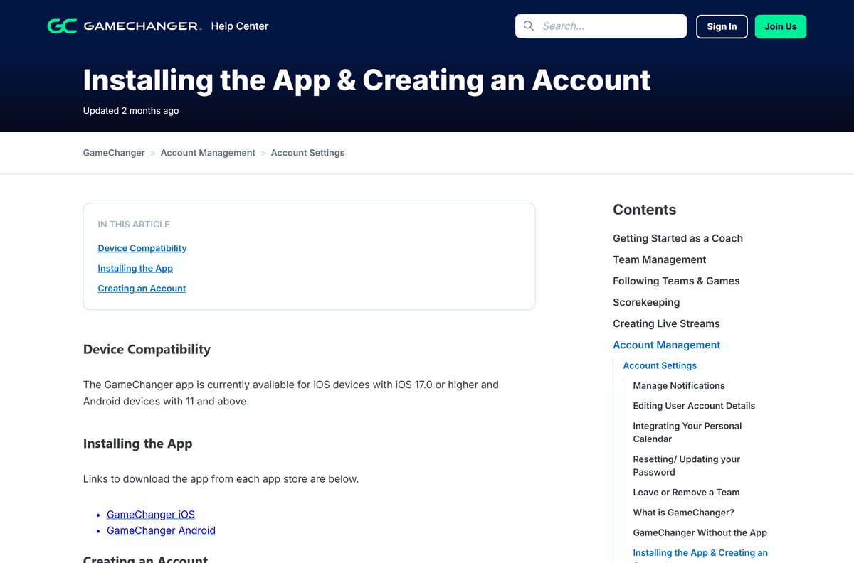 GameChanger help article on installing the app and creating an account