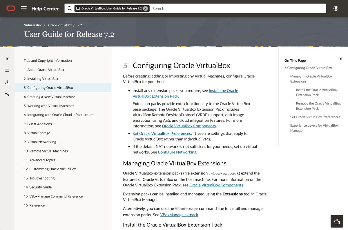 Oracle documentation showing how to install a VirtualBox extension pack