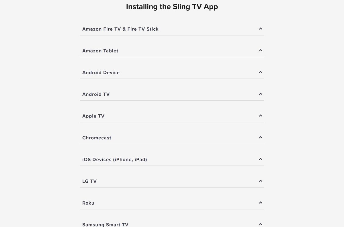 Sling TV help page with per-device setup instructions
