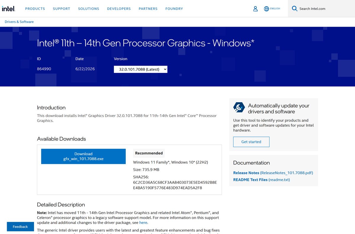 Intel download page for 11th to 14th Gen processor graphics