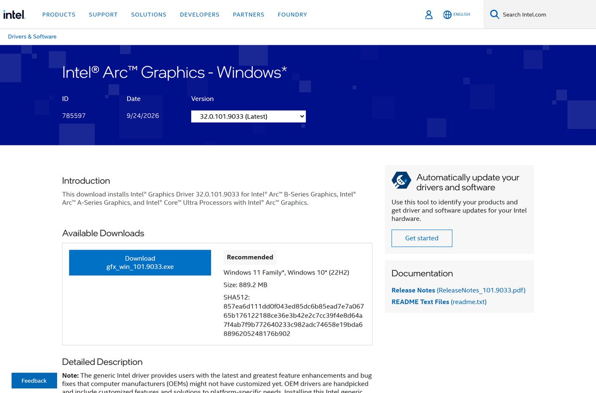 Intel Download Center page for the Arc graphics driver package