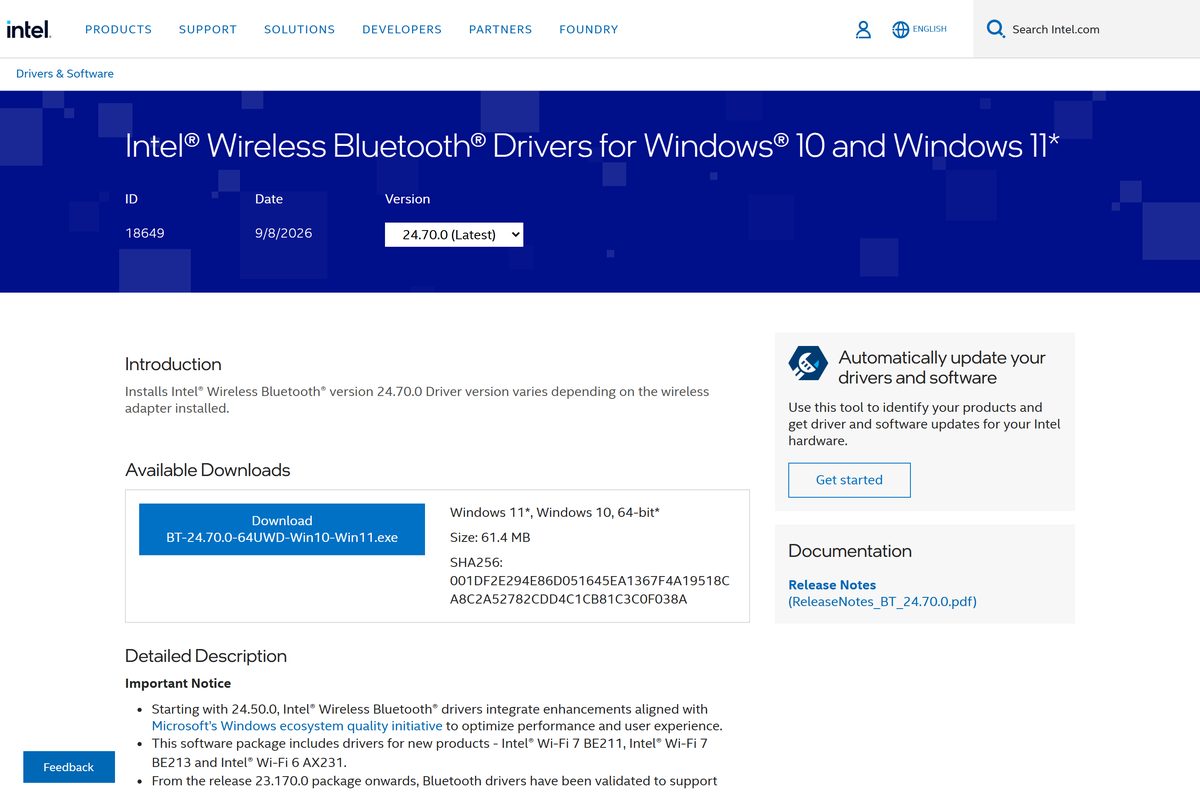 Intel Download Center page for the Wireless Bluetooth driver package