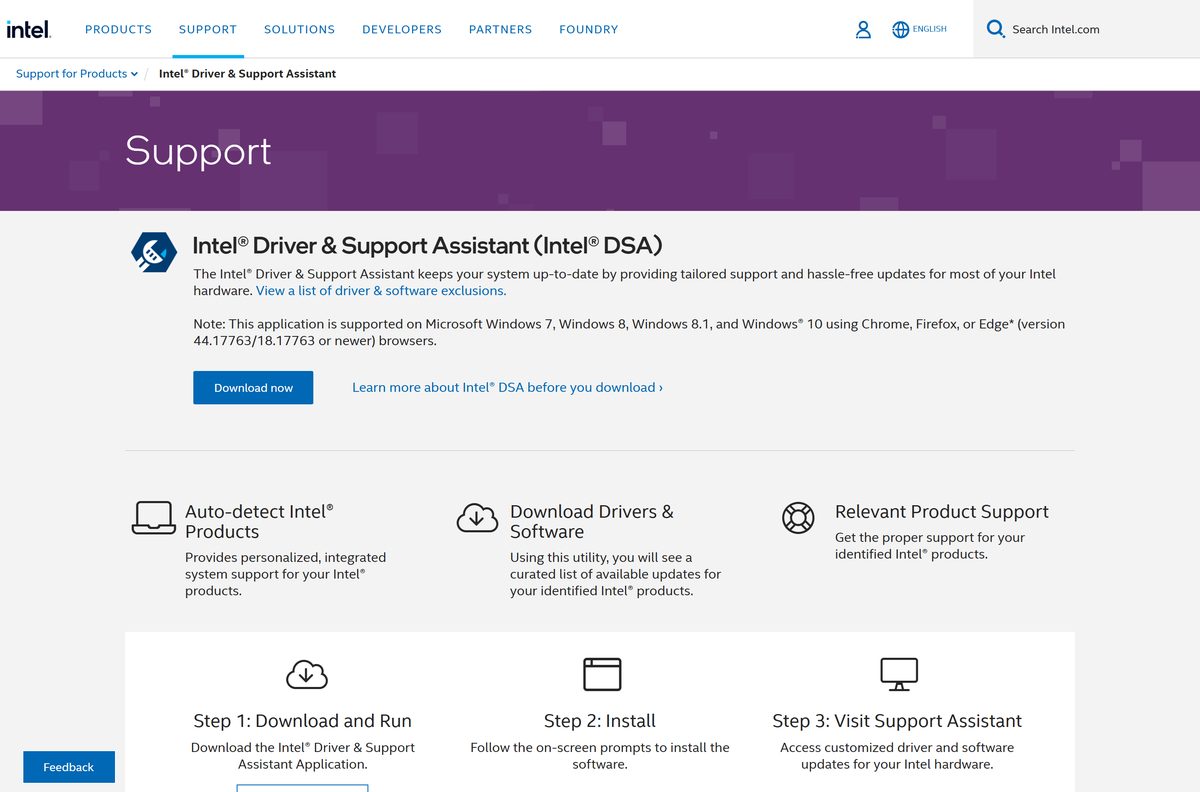 Intel support page with the driver assistant Download now button