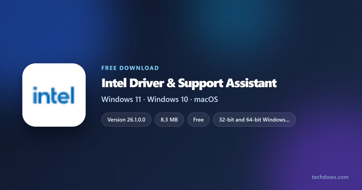 Intel Driver & Support Assistant card with version, size and Windows support