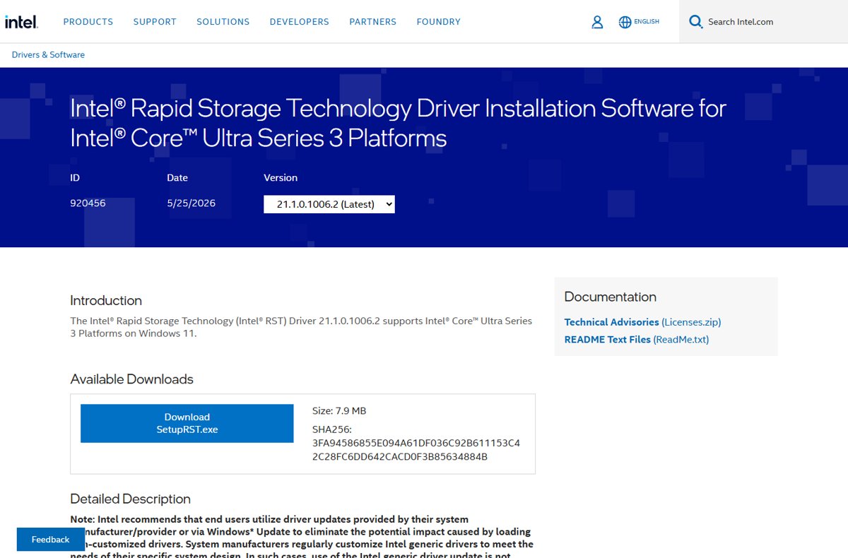 Intel Rapid Storage Technology download page for Core Ultra Series 3