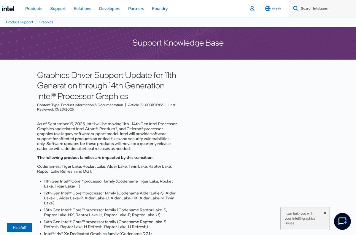 Intel notice moving 11th to 14th Gen graphics to legacy support