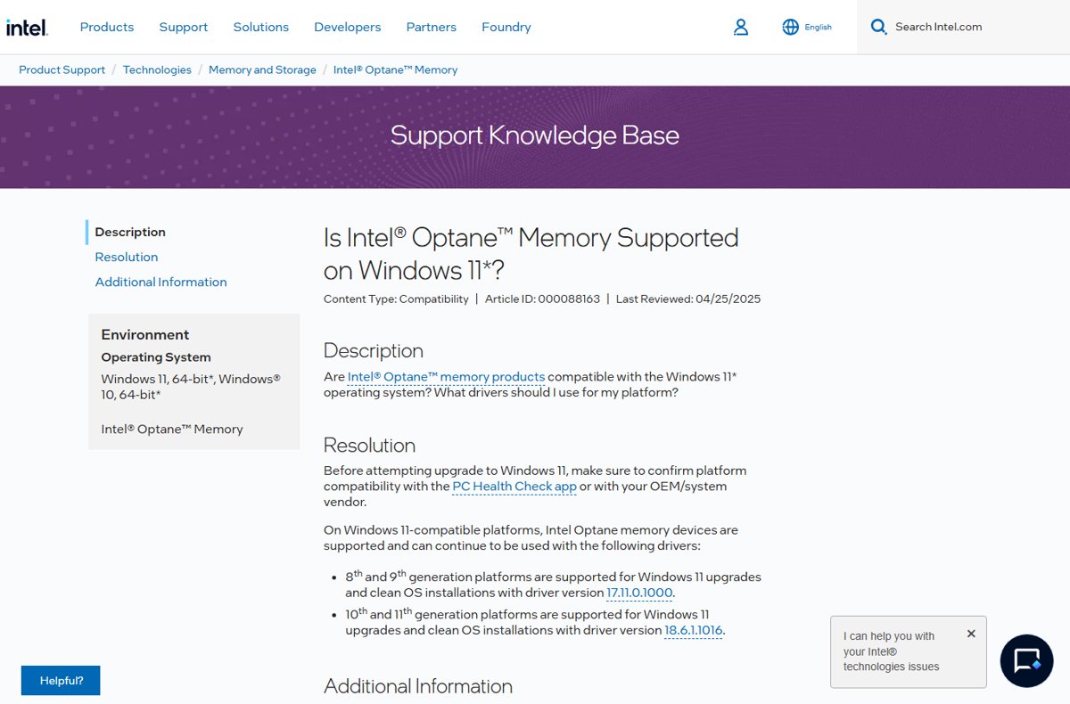 Intel support page listing Optane driver versions for 8th to 11th Gen CPUs