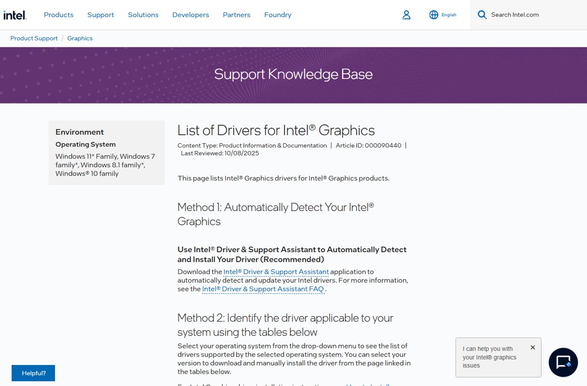 Intel support page listing graphics drivers by Windows version