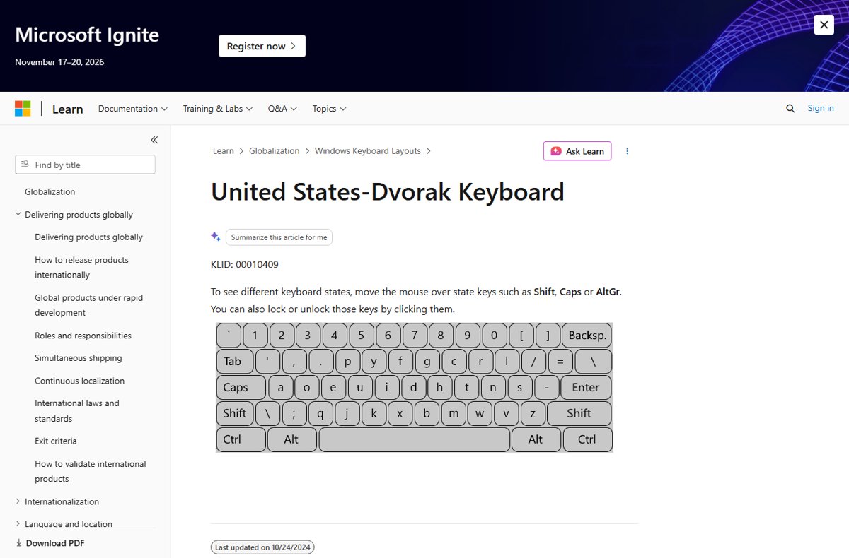 Interactive United States-Dvorak keyboard layout diagram from Microsoft Learn