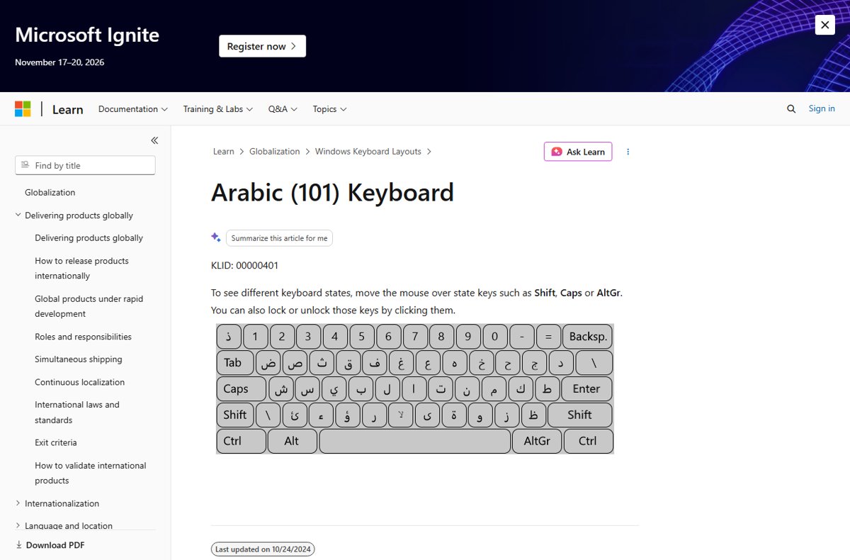 Interactive keyboard diagram mapping Arabic letters onto English key positions