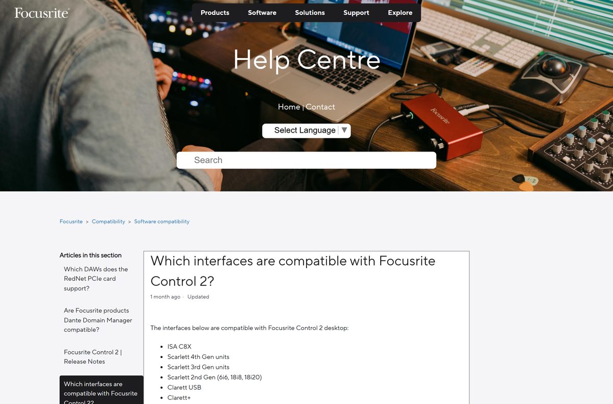 Help Centre list of interfaces supported by Focusrite Control 2