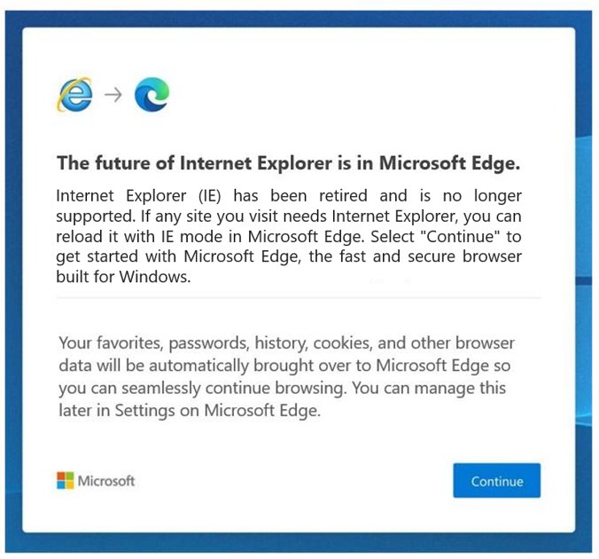 Internet Explorer to Microsoft Edge redirect message with a Continue button