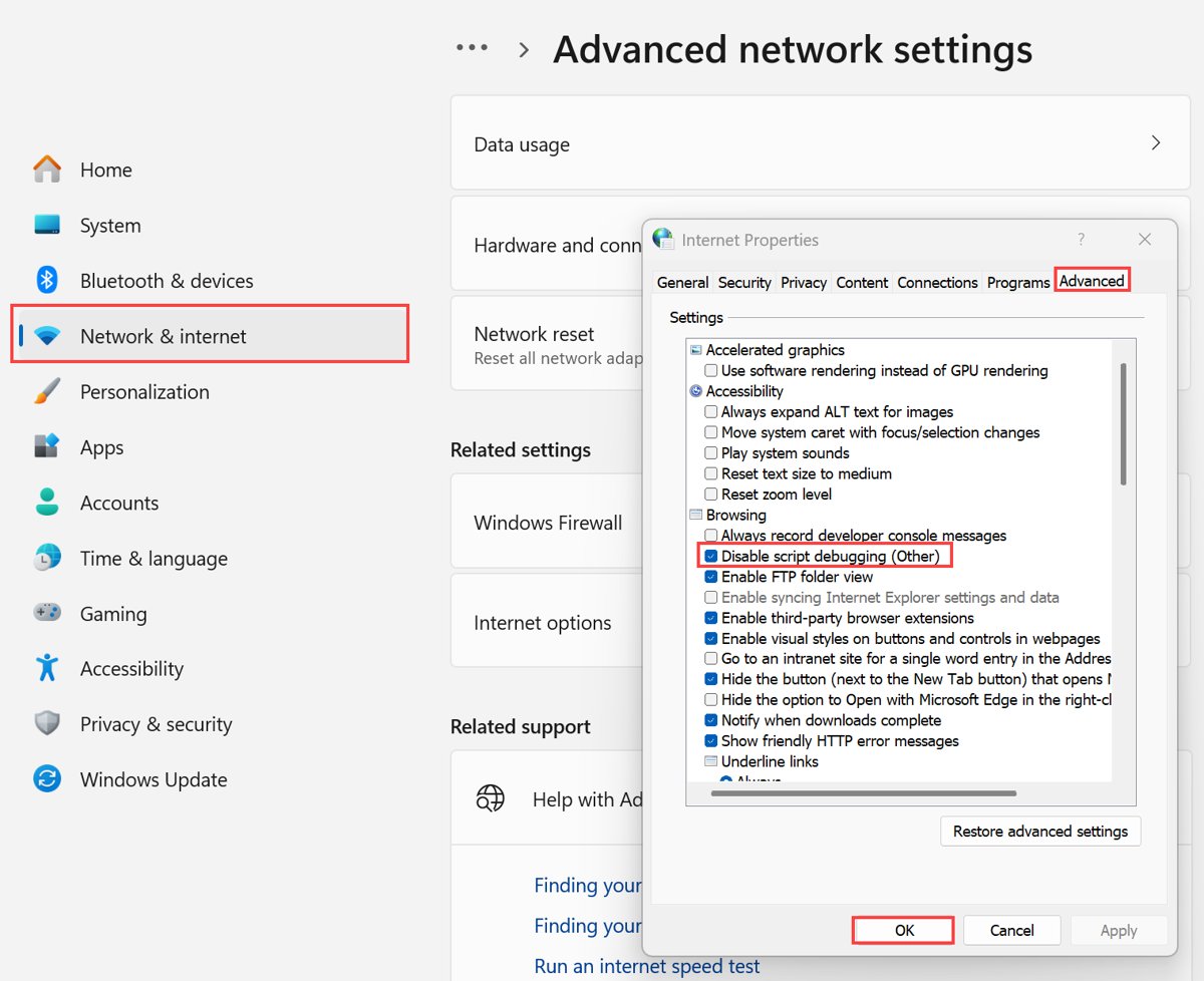Internet Properties dialog open on the Advanced tab over Windows Settings
