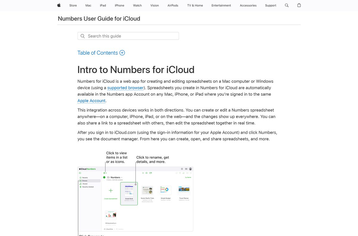 Apple support page describing the iCloud spreadsheet web app