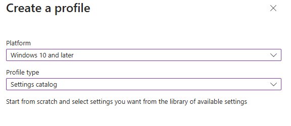 Intune profile creation dialog set to Windows 10 and Settings catalog