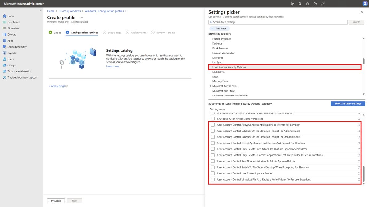 Intune settings catalog listing several User Account Control policies