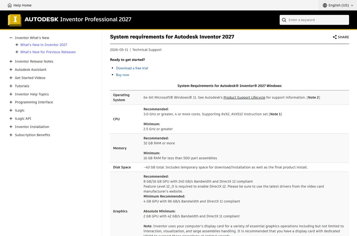 Inventor 2027 requirements table for Windows 11 PCs
