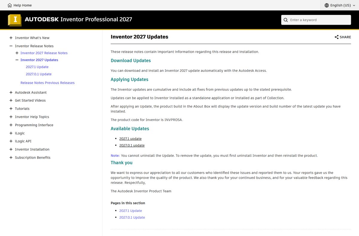 Inventor 2027 updates page listing the available releases