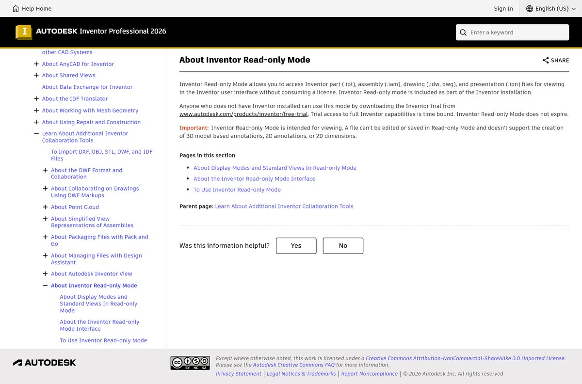 Autodesk help page describing Inventor Read-only Mode
