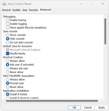 Java Control Panel Advanced tab showing JNLP File/MIME Association options