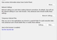 Java Control Panel General tab with Network Settings and Temporary Internet Files buttons