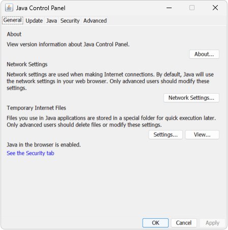 Java Control Panel General tab with Network Settings and Temporary Internet Files buttons