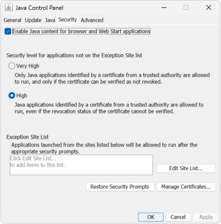Java Control Panel Security tab set to High with Exception Site List