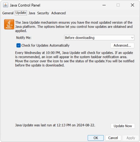 Java Control Panel Update tab set to Notify Before downloading