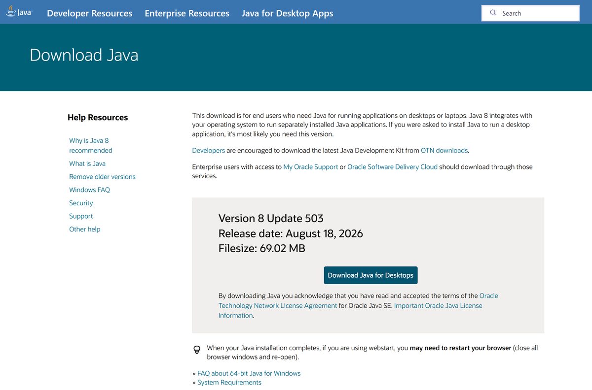 java.com download page offering Java 8 Update 503